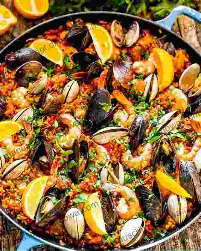 A Vibrant And Flavorful Paella, A Traditional Spanish Dish Made With Rice, Seafood, And Vegetables. Coffee Castanets And Don Quixote